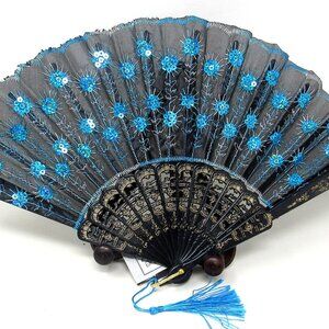 Aqua Sequin Folding Hand Held Fan Black Gold Frame Holographic Party Costume